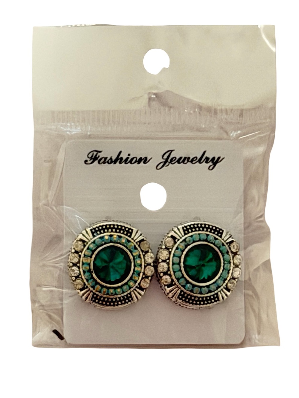Vintage Style Emerald Green Rhinestone Stud Earrings Silver Tone